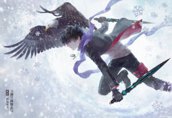 Rule 34 | 1boy, animal, bad id, bad pixiv id, belt pouch, bird, black footwear, black gloves, black hair, black jacket, black pants, blue eyes, closed mouth, dog tags, dual wielding, eagle, feathers, flying, foreshortening, from side, gakuran, gloves, holding, holding sword, holding weapon, holster, jacket, jewelry, leg belt, long sleeves, md5 mismatch, necklace, open clothes, open jacket, original, pants, pendant, pocket, pouch, profile, purple scarf, robinexile, scarf, school uniform, serious, shirt, shoes, snowflakes, snowing, sword, thigh holster, touran-sai, weapon, white shirt