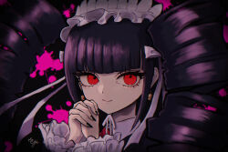 Rule 34 | 1girl, black background, black nails, blood, blunt bangs, celestia ludenberg, closed mouth, collared shirt, danganronpa: trigger happy havoc, danganronpa (series), drill hair, earrings, fingernails, frisk kunn, grey ribbon, hair ribbon, interlocked fingers, jewelry, long hair, nail polish, necktie, own hands clasped, own hands together, pink background, pink blood, red eyes, red necktie, ribbon, sharp fingernails, shirt, smile, solo, twin drills, twintails