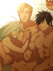 Rule 34 | 1girl, 2boys, abs, ao isami, bara, bisexual male, black hair, blonde hair, boy and girl sandwich, facial hair, from above, highres, holding hands, lewis smith, lulu (bang bravern), multiple boys, muscular, muscular male, navel, nude, official alternate hairstyle, sandwiched, shaved body, sideburns stubble, sleeping, stomach, stubble, sunlight, thick eyebrows, upper body, wanijima, yuuki bakuhatsu bang bravern