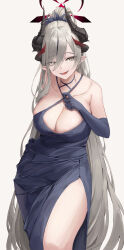 Rule 34 | 1girl, absurdres, black dress, black gloves, black horns, blue archive, blush, breasts, cleavage, demon horns, dress, elbow gloves, feet out of frame, gloves, grey eyes, grey hair, halo, halterneck, highres, horns, large breasts, long hair, looking at viewer, makoto (blue archive), makoto (dress) (blue archive), mea (hwaksal), official alternate costume, open mouth, pointy ears, red halo, sleeveless, sleeveless dress, smile, solo