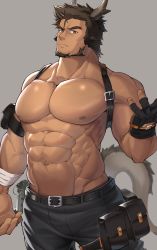 Rule 34 | 1boy, abs, absurdres, bad id, bad pixiv id, bara, beard, belt, black belt, black hair, black pants, chest harness, cowboy shot, dark-skinned male, dark skin, facial hair, fingerless gloves, frown, gloves, harness, head tilt, highres, horns, large pectorals, looking at viewer, male focus, mature male, muscular, muscular male, navel, nipples, original, pants, pectorals, short hair, sideburns, solo, stomach, tekkowang, topless male