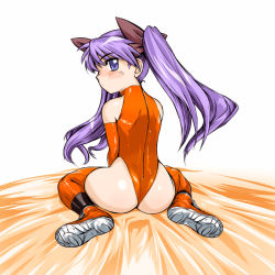 Rule 34 | 00s, 1girl, ass, blush, boots, bow, elbow gloves, ez6, from behind, gloves, hair bow, highres, hiiragi kagami, latex, leotard, long hair, looking back, lucky star, orange gloves, orange thighhighs, purple eyes, purple hair, simple background, sitting, solo, thigh boots, thighhighs, thong leotard, twintails, wariza