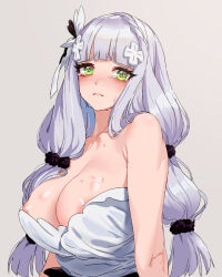 Rule 34 | 1girl, acaa, areola slip, bare shoulders, blurry, blurry background, blush, breasts, cleavage, collarbone, crying, crying with eyes open, frown, girls&#039; frontline, green eyes, hair ornament, hair scrunchie, hk416 (girls&#039; frontline), hk416 (starry cocoon) (girls&#039; frontline), large breasts, long hair, looking at viewer, official alternate costume, scrunchie, solo, tears, upper body