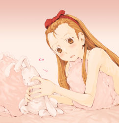 Rule 34 | 00s, 1girl, bad id, bad pixiv id, brown eyes, brown hair, forehead, hair ribbon, idolmaster, idolmaster (classic), minase iori, pillow, ribbon, solo, stuffed animal, stuffed rabbit, stuffed toy, tamaoki benkyou, topless