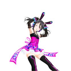 Rule 34 | 10s, 1girl, ;o, animal ears, black hair, character name, dress, elbow gloves, fingerless gloves, gloves, headset, love live!, love live! school idol festival, love live! school idol project, nail polish, neon trim, non-web source, official art, one eye closed, rabbit ears, rabbit pose, red nails, sash, solo, thighhighs, transparent background, twintails, yazawa nico