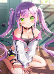 Rule 34 | 1girl, barbell piercing, bare shoulders, black collar, blush, character name, collar, collarbone, commentary, cropped jacket, demon tail, ear piercing, fishnet thighhighs, fishnets, frown, green eyes, hair ornament, hairclip, highres, hololive, indoors, industrial piercing, jacket, long hair, long sleeves, looking at viewer, mozukun43, multicolored nails, nail polish, name tag, o-ring collar, off shoulder, on floor, piercing, pink nails, purple hair, short shorts, shorts, signature, single thighhigh, solo, tail, tail ornament, tail piercing, thighhighs, tokoyami towa, twintails, very long hair, virtual youtuber, white jacket, wooden floor, yellow nails