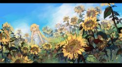 Rule 34 | 00s, 1girl, chii, chobits, day, dress, field, flower, flower field, from below, hand on own cheek, hand on own face, hat, highres, letterboxed, long hair, robot ears, seeker, sky, smile, sundress, sunflower, sunflower field, very long hair, white dress