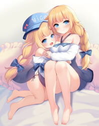 Rule 34 | 2girls, bare shoulders, barefoot, blonde hair, blue eyes, blunt bangs, blush, bow, braid, breasts, character request, closed mouth, collarbone, commentary request, copyright request, dot nose, full body, gradient background, gu gu da mo wang, hair bow, hat, highres, large breasts, long hair, long sleeves, looking at viewer, multiple girls, off shoulder, open mouth, shadow, sitting