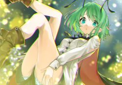 Rule 34 | 1girl, antennae, aqua eyes, bad id, bad twitter id, black cape, black pants, boots, brown footwear, buttons, cape, chromatic aberration, closed mouth, green hair, highres, light particles, long sleeves, looking at viewer, open mouth, panties, pants, shirt, shisakugata, short hair, solo, touhou, underwear, white panties, white shirt, wriggle day, wriggle nightbug