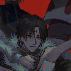 Rule 34 | 1other, 2boys, androgynous, black hair, blonde hair, card, chain, chrollo lucilfer, coat, cross tattoo, earrings, facial mark, facial tattoo, forehead mark, forehead tattoo, fur-trimmed coat, fur trim, glowing, glowing earrings, head out of frame, heart, highres, hisoka morow, holding, holding card, hunter x hunter, jewelry, kurapika, long sleeves, looking at viewer, male focus, multiple boys, other focus, ra yu, red background, short hair, simple background, sleeveless, smile, spade (shape), tabard, tattoo