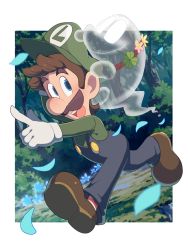 Rule 34 | 1boy, blue eyes, blue pants, blush, border, brown footwear, brown hair, buttons, dog, facial hair, forest, full body, ghost, gloves, green headwear, green shirt, hat, hoshikuzu pan, long sleeves, looking to the side, luigi, luigi&#039;s mansion, luigi&#039;s mansion dark moon, male focus, mario (series), mustache, nature, nintendo, open mouth, outdoors, outside border, overalls, pants, petals, pointing, polterpup, running, shirt, shoes, short hair, smile, teeth, tree, upper teeth only, white border, white gloves