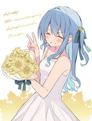 Rule 34 | 1girl, :d, bare shoulders, blue hair, blush, bouquet, character name, closed eyes, colored inner hair, cowboy shot, dot nose, dress, facing viewer, flower, from side, green ribbon, grin, hair between eyes, hair ribbon, hand up, happy anniversary, highres, holding, holding bouquet, hololive, hoshimachi suisei, kohaku (csacu), long hair, multicolored hair, one side up, open mouth, pleated dress, ribbon, sidelocks, simple background, sleeveless, sleeveless dress, smile, solo, teeth, v, v-shaped eyebrows, virtual youtuber, white background, white dress, yellow flower