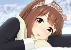 Rule 34 | 1girl, absurdres, animal ears, blurry, blurry background, blush, brown eyes, brown hair, commentary request, gloves, headband, highres, horse ears, horse girl, looking at viewer, macchi526, medium hair, open mouth, portrait, solo, umamusume, winter clothes, yukino bijin (umamusume)