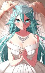 Rule 34 | 1girl, alternate costume, braid, breasts, bridal veil, cleavage, commentary request, cowboy shot, dress, green eyes, green hair, hair between eyes, hair ornament, hairclip, hands on own chest, highres, jewelry, kantai collection, large breasts, long hair, looking at viewer, necklace, off-shoulder dress, off shoulder, parted bangs, pov, ring, sidelocks, single braid, solo, tiara, veil, wedding dress, wedding ring, white dress, yamakaze (kancolle), yamakaze kai ni (kancolle), yomogi dango