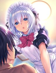 Rule 34 | 1boy, 1girl, :o, absurdres, blue eyes, date a live, fantasia re:build, highres, indoors, jpeg artifacts, lamp, maid, maid headdress, official art, open mouth, puffy short sleeves, puffy sleeves, purple hair, red ribbon, ribbon, short hair, short sleeves, third-party source, tobiichi origami, white hair
