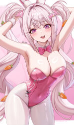 Rule 34 | 1girl, abpart, alice (nikke), alice (wonderland bunny) (nikke), armpits, artist name, blush, bow, bowtie, breasts, carrot hair ornament, cleavage, covered navel, detached collar, food-themed hair ornament, goddess of victory: nikke, hair ornament, highres, large breasts, leotard, long hair, looking at viewer, official alternate costume, open mouth, pantyhose, patreon username, pink bow, pink bowtie, pink eyes, pink leotard, playboy bunny, simple background, smile, solo, thighs, twintails, white background, white hair, white pantyhose