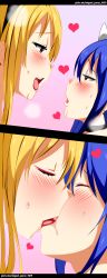 Rule 34 | 2girls, absurdres, blonde hair, blue hair, blush, couple, eye contact, closed eyes, fairy tail, french kiss, heart, highres, kiss, long hair, looking at another, lucy heartfilia, multiple girls, sharknex, simple background, wendy marvell, yuri