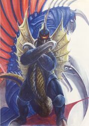 Rule 34 | alien, buzzsaw (tool), cyborg, dual persona, fins, g.n.a., gigan, glowing, glowing eyes, godzilla: final wars, godzilla (series), godzilla vs. gigan, highres, kaijuu, no humans, one-eyed, red eyes, scythe, simple background, spikes, tail, toho, white background