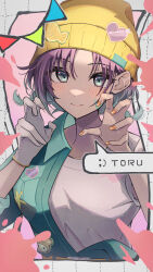 Rule 34 | 1girl, asakura toru, beanie, blue eyes, blue hair, blush, breasts, character name, closed mouth, commentary request, cropped torso, gloves, gradient hair, green overalls, hair between eyes, hat, highres, idolmaster, idolmaster shiny colors, looking at viewer, multicolored hair, nail polish, open clothes, orange nails, overalls, paint splatter, parted bangs, partially undressed, paw pose, purple hair, shirt, short hair, short sleeves, single glove, small breasts, smile, solo, umeume (totoya), white background, white shirt, yellow hat