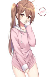 Rule 34 | 1girl, ahoge, blush, brown eyes, brown hair, collarbone, commentary request, covering privates, covering crotch, drawstring, flying sweatdrops, hair between eyes, hair bobbles, hair intakes, hair ornament, hand up, hood, hood down, hoodie, hoodie tug, long hair, long sleeves, looking at viewer, original, pink hoodie, side ponytail, sidelocks, simple background, sleeves past wrists, solo, spoken blush, very long hair, wasami (a27678193a), white background