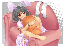 Rule 34 | 1girl, animal ears, bad id, bad pixiv id, barefoot, black hair, blush, bracelet, chair, feet, female focus, inaba tewi, jewelry, looking at viewer, niji sugi, hugging object, pillow, pillow hug, rabbit ears, red eyes, short hair, shy, socks, solo, themed object, toe scrunch, toes, touhou