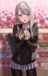 Rule 34 | 1girl, :o, asymmetrical hair, bag, black pantyhose, black sweater, blazer, blue eyes, blurry, blurry background, blush, bow, bowtie, breasts, candy, chigusa minori, chocolate, chocolate bar, collared shirt, cowboy shot, food, hair ornament, hairclip, heart, jacket, large breasts, light brown hair, long hair, looking at viewer, miniskirt, open mouth, pantyhose, plaid, plaid skirt, pleated skirt, purple eyes, saotome shino (shino to ren), school bag, shino to ren, shirt, skirt, sleeves past wrists, solo, striped, striped bow, sweater, swept bangs, tsurime, uniform, valentine, white chocolate, wing collar