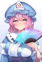 Rule 34 | 1girl, blue background, blue hat, blush, breasts, closed mouth, gradient background, hand fan, hat, highres, holding, holding fan, long sleeves, looking at viewer, mob cap, pink eyes, pink hair, ribbon-trimmed sleeves, ribbon trim, saigyouji yuyuko, short hair, smile, solo, touhou, triangular headpiece, upper body, wankosoba (wanwan soba)
