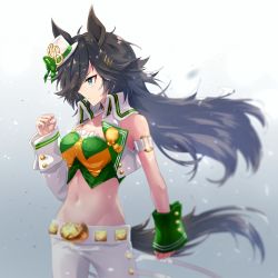 Rule 34 | 1girl, absurdres, ahoge, animal ears, arm strap, bandeau, bare shoulders, black hair, blouse, blue eyes, blurry, breasts, choker, clenched hands, closed mouth, collarbone, commentary request, cowboy shot, cropped jacket, depth of field, floating hair, green bandeau, green shirt, groin, hair between eyes, hair ornament, hairclip, hand up, hat, highres, horse ears, horse girl, horse tail, jacket, long hair, looking to the side, medium breasts, midriff, mini hat, mini top hat, mr. c.b. (umamusume), navel, norun (ru-on), o-ring, open clothes, open jacket, pants, partial commentary, profile, shirt, sidelocks, simple background, single sleeve, sleeve cuffs, solo, standing, tail, top hat, umamusume, white hat, white jacket, white pants, wrist cuffs, yellow choker