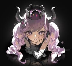 Rule 34 | 1girl, absurdres, black background, black horns, blush, crown, head rest, highres, horns, k hottok, long hair, looking at viewer, master detective archives: rain code, purple eyes, purple hair, reflection, shinigami (rain code), smile, solo, symbol in eye, twintails, upper body