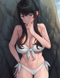 Rule 34 | 1girl, banned artist, bikini, black hair, blue eyes, blush, breasts, cleavage, closed mouth, commentary, english commentary, hand up, jagaimo (kkamja), large breasts, long hair, looking at viewer, navel, original, outdoors, solo, swimsuit, wet, white bikini, yoo sena (jagaimo (kkamja))