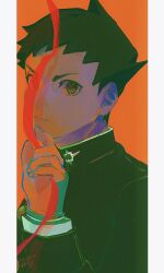 Rule 34 | 1boy, ace attorney, black eyes, black hair, black jacket, border, closed mouth, commentary request, hand up, highres, holding, jacket, long sleeves, looking at viewer, male focus, orange background, ryunosuke naruhodo, sasatake (sasatakebe), short hair, simple background, solo, the great ace attorney, upper body, v-shaped eyebrows, white border