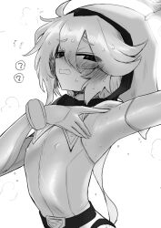 Rule 34 | 1girl, ?, armpits, belt, blush, covered erect nipples, detached sleeves, flat chest, flying sweatdrops, gloves, hair between eyes, hood, hood up, hooded leotard, kyuusui gakari, looking at viewer, shiny skin, shy (character), shy (series), solo, speech bubble, sweat, upper body