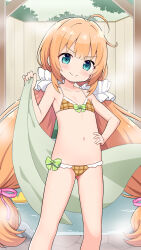 Rule 34 | 1girl, bikini, blue eyes, blush, bow, bow bikini, closed mouth, collarbone, commentary request, commission, feet out of frame, flat chest, flower knight girl, frilled bikini, frills, green towel, hand on own hip, hand up, highres, long hair, looking at viewer, macadamia (flower knight girl), navel, onsen, orange bikini, orange hair, paid reward available, plaid, plaid bikini, skeb commission, smile, solo, swimsuit, twintails, variant set, very long hair, yuuma (skirthike)
