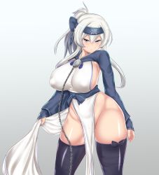 Rule 34 | 10s, 1girl, ainu clothes, arm at side, aster crowley, black thighhighs, breasts, chain, closed mouth, commentary request, covered erect nipples, cowboy shot, cropped jacket, folded ponytail, gradient background, grey background, grey eyes, hairband, headband, highres, kamoi (kancolle), kantai collection, large breasts, legs apart, long hair, looking at viewer, naughty face, no panties, pelvic curtain, sideboob, sidelocks, smile, solo, standing, thighhighs, thighs, white hairband