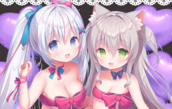 Rule 34 | 2girls, :d, animal ear fluff, animal ears, balloon, black background, blue choker, blue eyes, blue hair, bow, breasts, cat ears, choker, cleavage, collarbone, copyright request, grey hair, hair ornament, hairclip, hand up, heart balloon, highres, long hair, medium breasts, multicolored hair, multiple girls, naked ribbon, open mouth, pink hair, red bow, red ribbon, ribbon, small breasts, smile, streaked hair, twintails, two side up, upper body, usashiro mani, very long hair, virtual youtuber, x hair ornament