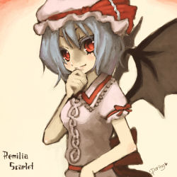 Rule 34 | 1girl, blue hair, character name, female focus, hand to own mouth, hat, miyamae porin, mob cap, red eyes, remilia scarlet, short hair, solo, standing, touhou, upper body, wings