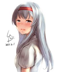 Rule 34 | 1girl, alternate costume, artist logo, commentary request, crying, crying with eyes open, dated, dress shirt, hairband, highres, kantai collection, ld (luna dial398), long hair, looking at viewer, red hairband, shirt, short sleeves, shoukaku (kancolle), simple background, solo, tears, upper body, white background, white hair, white shirt