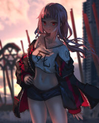 Rule 34 | 1girl, advarcher, breasts, cowboy shot, floating hair, hand on own hip, highres, hololive, hololive english, large breasts, long hair, looking at viewer, mori calliope, mori calliope (streetwear), navel, off shoulder, red eyes, shirt, short shorts, shorts, smile, virtual youtuber, white shirt