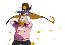 Rule 34 | 1boy, androgynous, asgore dreemurr, beard, blonde hair, brown hair, cape, carrying, casual, closed eyes, donkscribbles, facial hair, flower, frisk (undertale), furry, furry male, horns, monster boy, outstretched arm, shirt, shoulder carry, smile, striped clothes, striped shirt, t-shirt, undertale, white background
