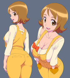 Rule 34 | 10s, 1girl, ass, breasts, brown eyes, brown hair, cleavage, grey background, happinesscharge precure!, highres, large breasts, looking at viewer, medium breasts, oomori yuuko, overalls, precure, red-p, revision, short hair, simple background, smile, solo, standing, wide hips