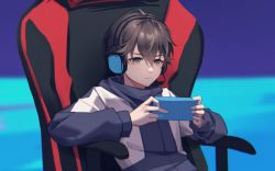Rule 34 | 1boy, brown eyes, brown hair, chair, child, closed mouth, dark skin, fengtu ad, gaming chair, headphones, highres, holding, holding phone, hugh moss, jacket, jersey, leaning back, long sleeves, male focus, phone, short hair, sitting, solo, swivel chair, tears of themis, white jacket