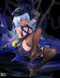 Rule 34 | 1boy, absurdres, arknights, armpits, ass, bare shoulders, black legwear, blue hair, blue headwear, breasts, cleavage, detached collar, dm (dai miao), elbow gloves, feet, gloves, highres, long hair, looking at viewer, mizuki (arknights), open mouth, pink eyes, thighhighs, thighs, wet, wet clothes