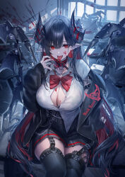 Rule 34 | 1girl, black hair, black horns, black jacket, black nails, black skirt, black thighhighs, blood, blood on face, blood on hands, bow, bowtie, breasts, cleavage, collared shirt, colored inner hair, commentary, fingernails, garter straps, heirou, highres, horns, jacket, large breasts, long fingernails, long hair, long sleeves, looking at viewer, multicolored hair, nail polish, open clothes, open jacket, open mouth, original, pleated skirt, pointy ears, red bow, red bowtie, red eyes, red hair, sharp fingernails, shirt, skirt, solo, symbol-only commentary, thighhighs, tongue, tongue out, white shirt