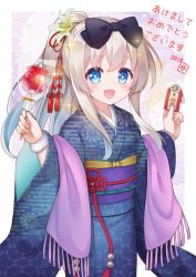 Rule 34 | 1girl, blue eyes, bow, candy apple, cowboy shot, flower, food, hair bow, hair flower, hair ornament, japanese clothes, kimono, long hair, looking at viewer, open mouth, original, ponytail, scarf, silver hair, solo, standing, candy apple, yatsuki yura