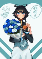 Rule 34 | 1boy, animal print, bare shoulders, bear print, blue eyes, blue flower, bouquet, braid, bridal gauntlets, bukimi isan, commentary request, cowboy shot, dated, flower, green background, green flower, hand up, heart, highres, holding, holding bouquet, long sleeves, looking at viewer, male focus, meng long, panda print, parted lips, short hair, shy (series), side braid, simple background, smile, solo, speech bubble, teeth, translation request, white background, white day, white flower