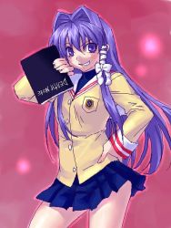 Rule 34 | 00s, 1girl, blue eyes, blue hair, book, clannad, cowboy shot, crossover, death note, death note (object), fujibayashi kyou, grin, hair intakes, hand on own hip, holding, holding book, long hair, looking at viewer, matching hair/eyes, oekaki, pleated skirt, school uniform, serafuku, skirt, smile, solo, zen