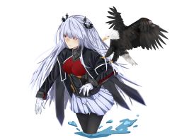 Rule 34 | 1girl, absurdres, bald eagle, bell mccamp (warship girls r), bird, cape, eagle, essex (warship girls r), gloves, hair ornament, highres, kkgsama, long hair, long sleeves, miniskirt, pantyhose, partially submerged, pleated skirt, red eyes, simple background, skirt, twintails, warship girls r, white background, white gloves, white hair, white skirt