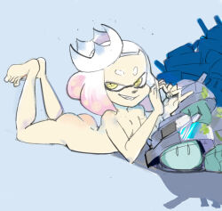 Rule 34 | 1girl, ass, barefoot, blue background, breasts, cephalopod eyes, completely nude, crown, feet up, female focus, full body, heart, heart hands, looking at viewer, lying, nintendo, nude, on stomach, pearl (splatoon), short hair, simple background, small breasts, smile, solo, sooperman, splatoon (series), splatoon 2, teeth, tentacle hair, the pose, thighs, toes, white hair, yellow eyes