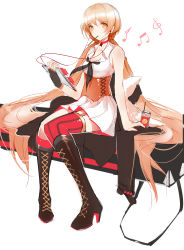 Rule 34 | 1girl, absurdres, assault rifle, black footwear, blonde hair, blush, boots, breasts, bullpup, choker, corset, cross-laced footwear, day, eating, eyebrows, food, fur collar, girls&#039; frontline, headphones, high heel boots, high heels, highres, horz, jacket, knee boots, lace-up boots, long hair, looking at viewer, medium breasts, music, necktie, ots-14 (girls&#039; frontline), ots-14 groza, pocky, sitting, skirt, thigh strap, thighhighs, very long hair, yellow eyes