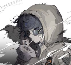 Rule 34 | 1boy, bandaid, bandaid on face, bird, black hair, blue eyes, cigarette, closed mouth, coat, collared shirt, commentary, crow, facial hair, glasses, grey coat, hands up, highres, holding, holding lighter, hood, hood up, lighter, long sleeves, looking at viewer, male focus, master detective archives: rain code, round eyewear, shirt, short hair, smoke, solo, stubble, symbol-only commentary, tinted eyewear, upper body, voltmeter f, white shirt, yakou furio